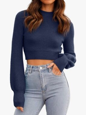 Amazon GeGekoko Navy Bell Sleeve Cropped Sweater
